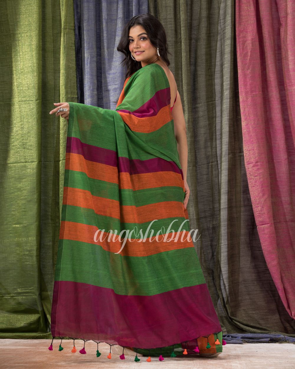 Green Orange Handloom Bengal Cotton Saree angoshobha