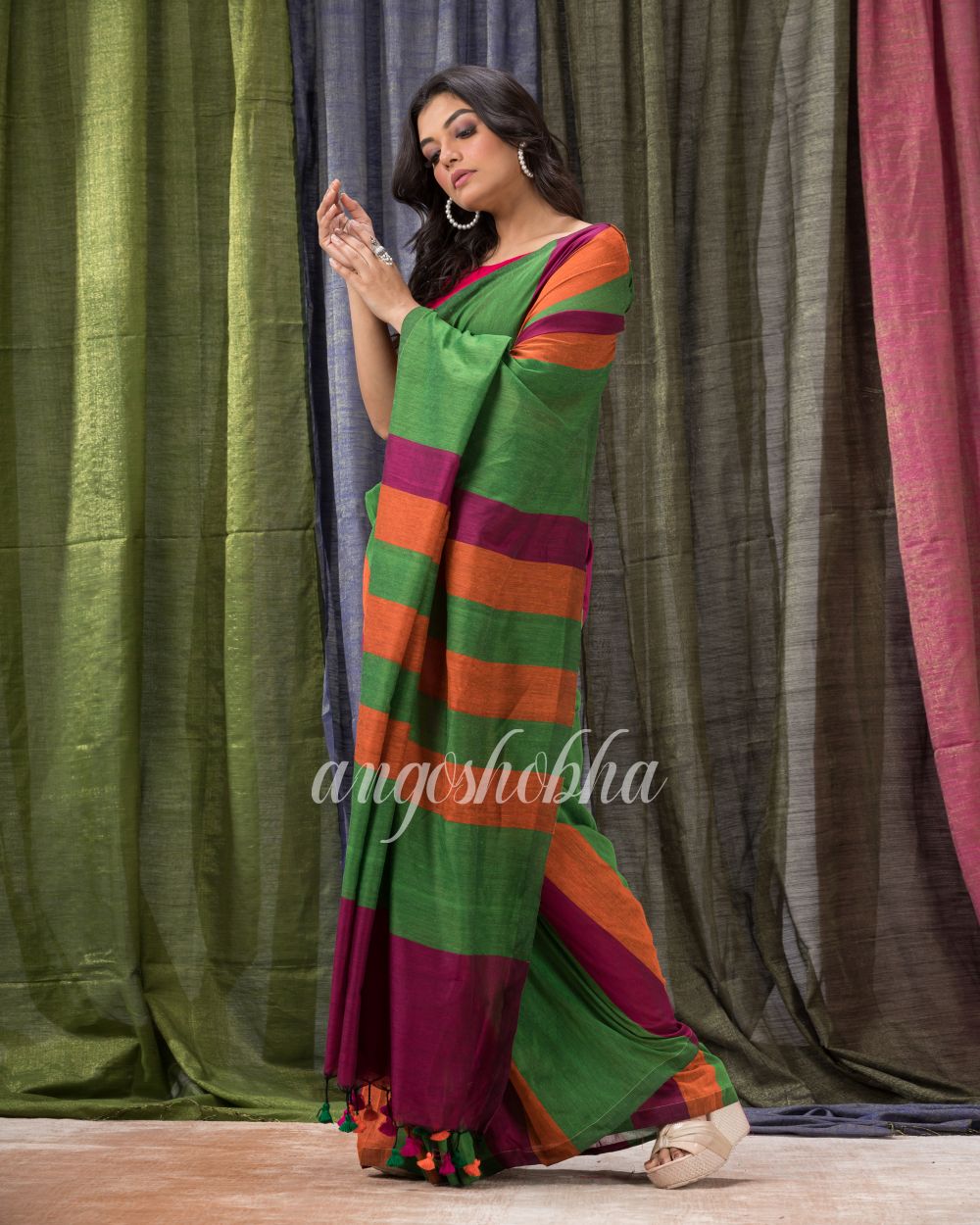 Green Orange Handloom Bengal Cotton Saree angoshobha