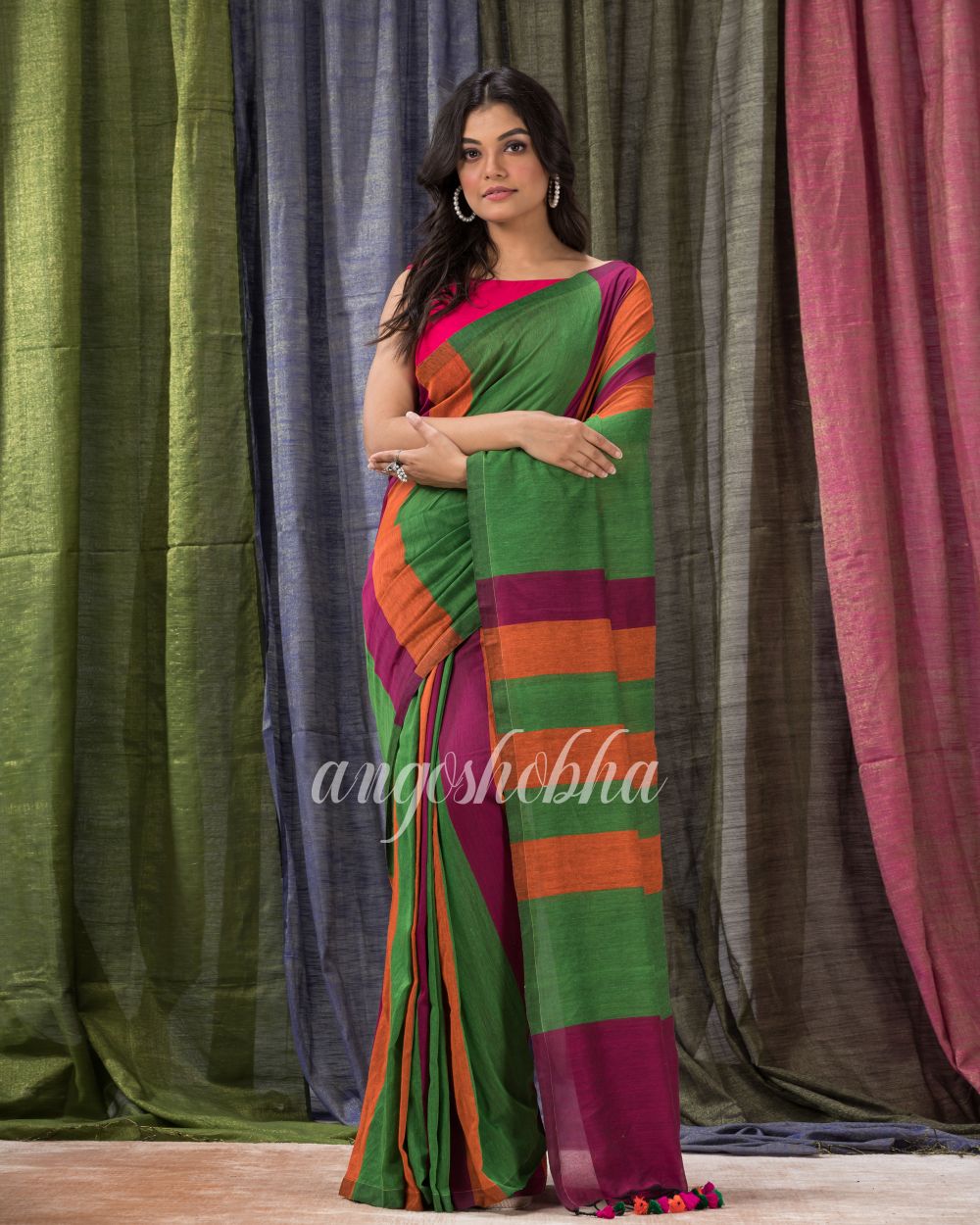 Green Orange Handloom Bengal Cotton Saree angoshobha