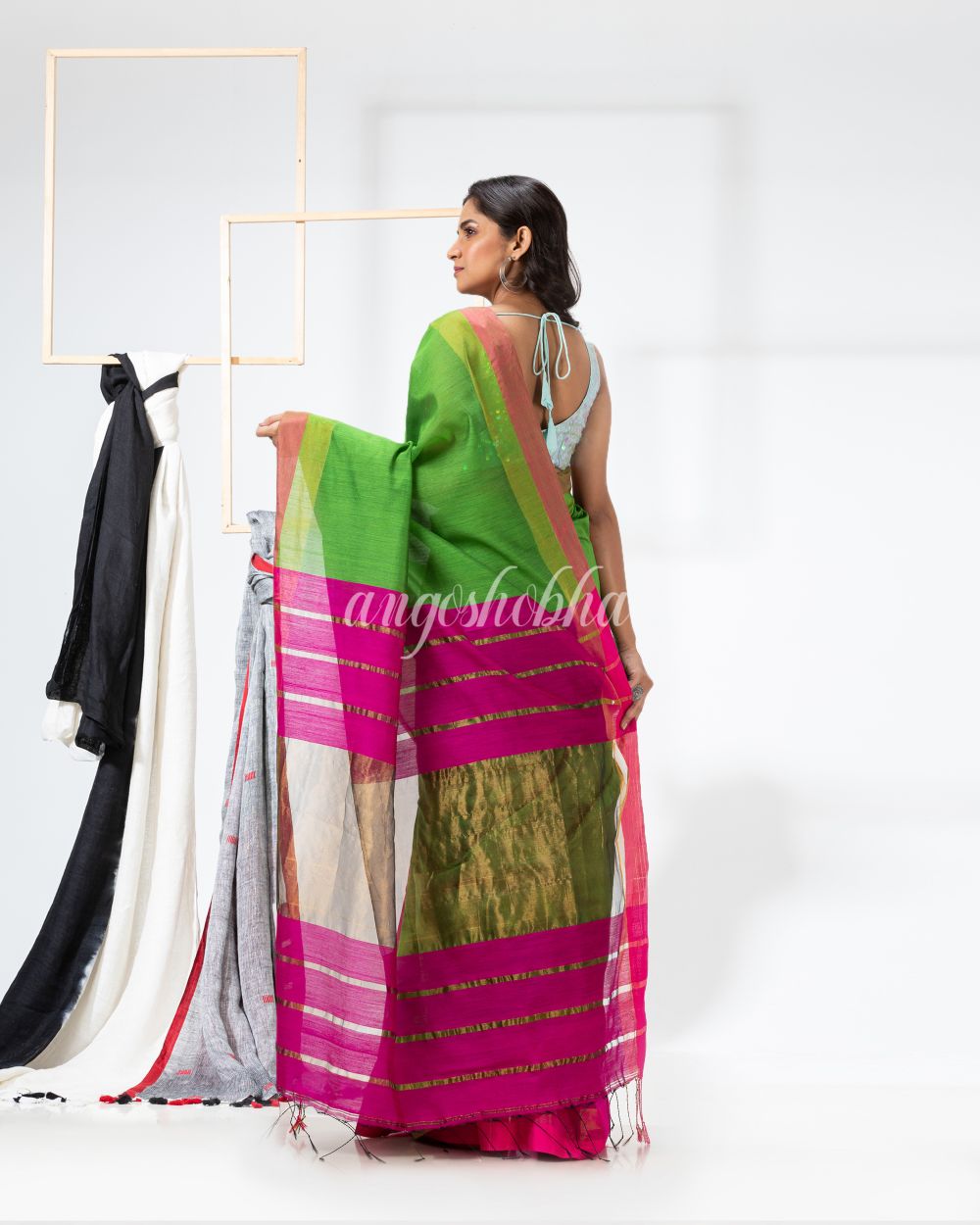 Green Pink Cotton Blend Handloom Festive Saree angoshobha