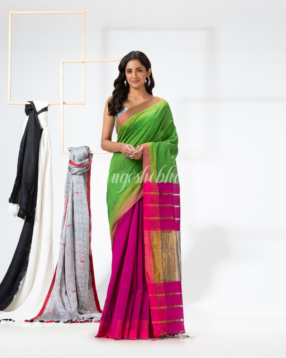 Green Pink Cotton Blend Handloom Festive Saree angoshobha