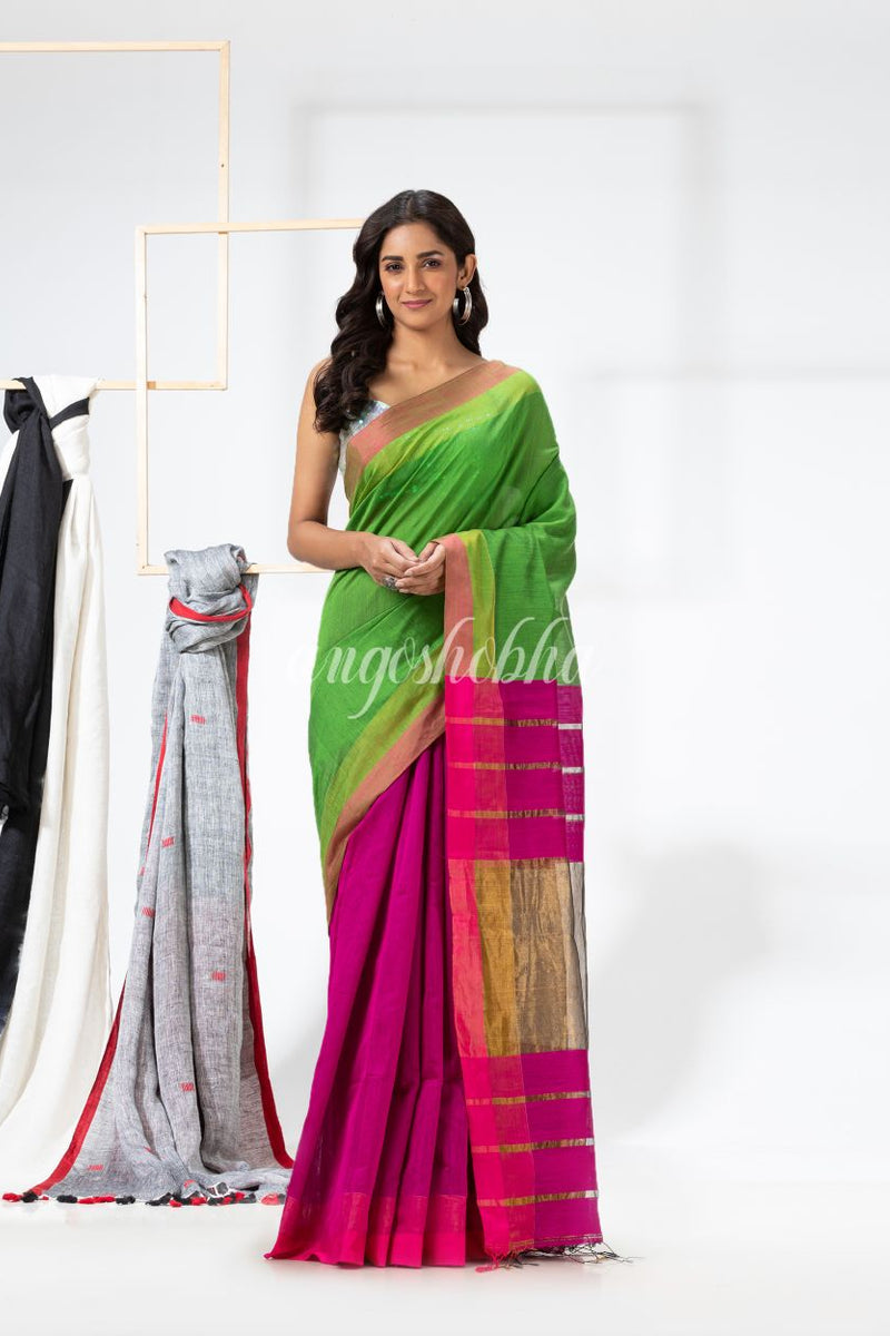 Green Pink Cotton Blend Handloom Festive Saree