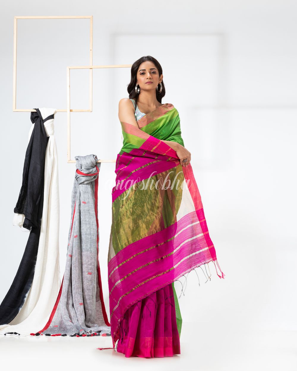 Green Pink Cotton Blend Handloom Festive Saree angoshobha