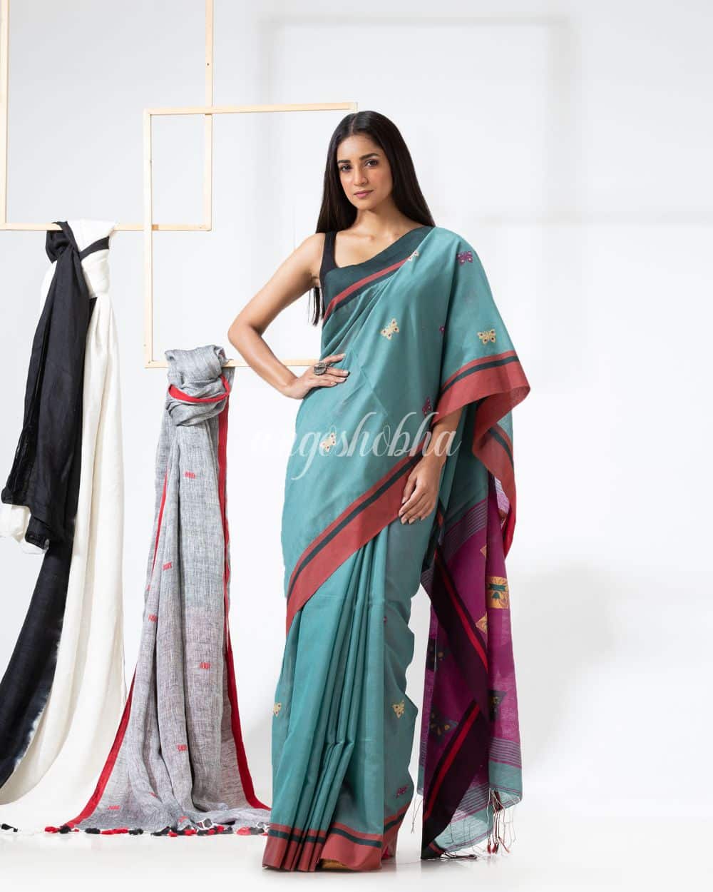 Green Sheen Cotton Blend Jamdani Saree angoshobha
