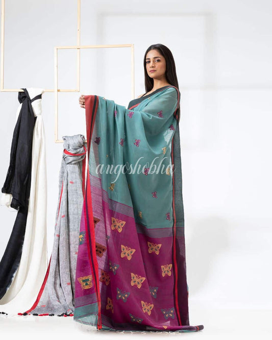 Green Sheen Cotton Blend Jamdani Saree angoshobha