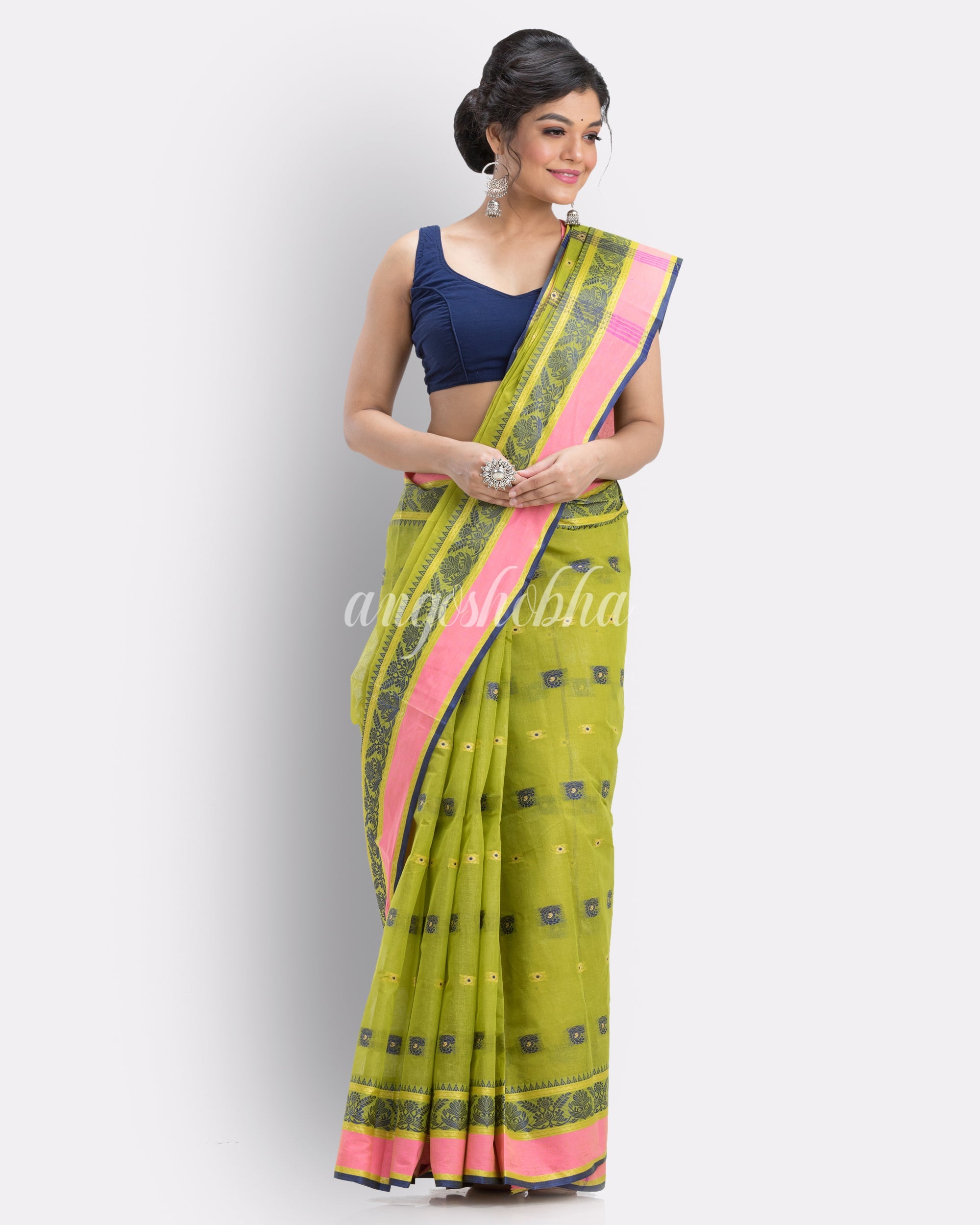 Green Woven Design Pure Cotton Handwoven Tant Saree angoshobha