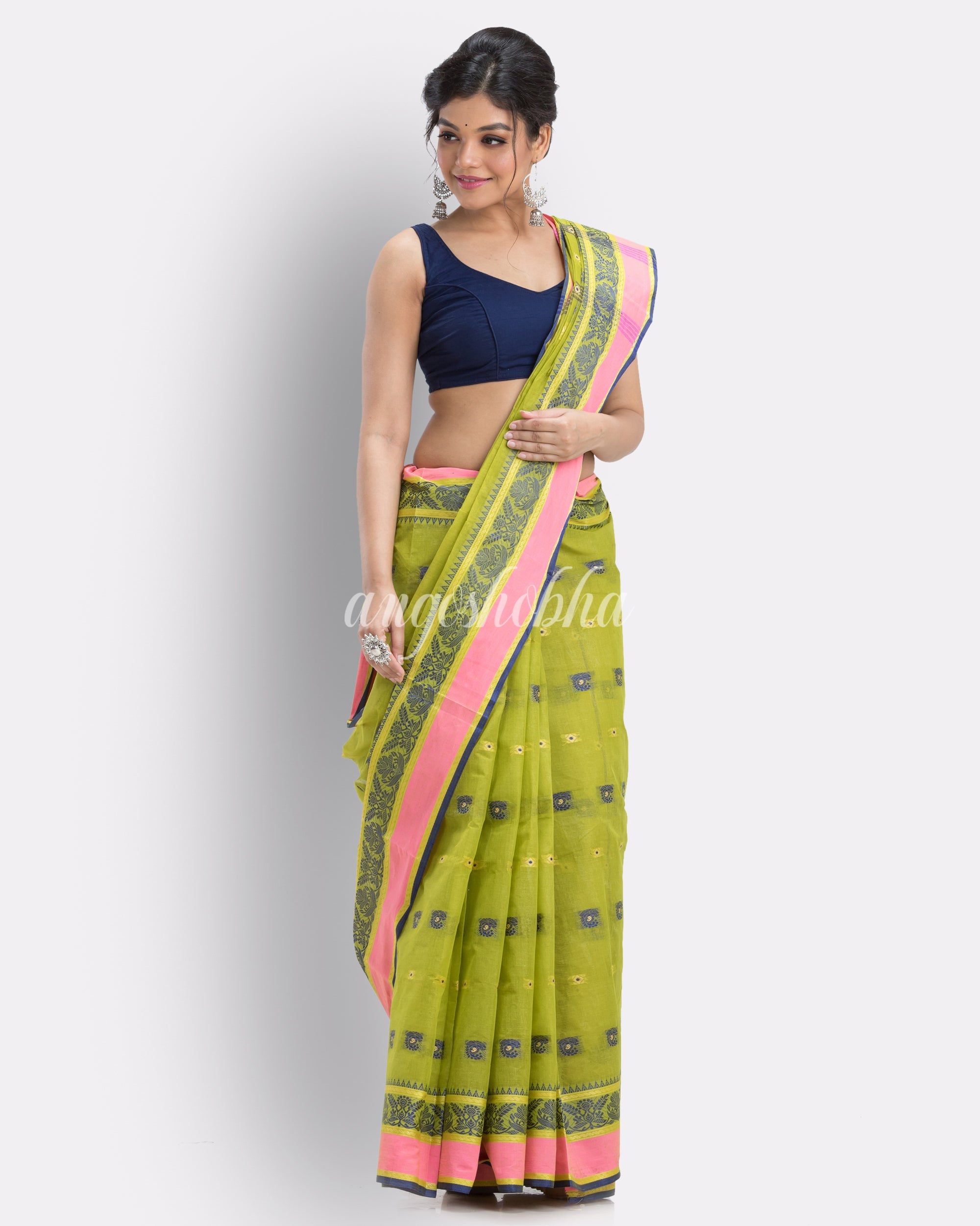 Green Woven Design Pure Cotton Handwoven Tant Saree angoshobha