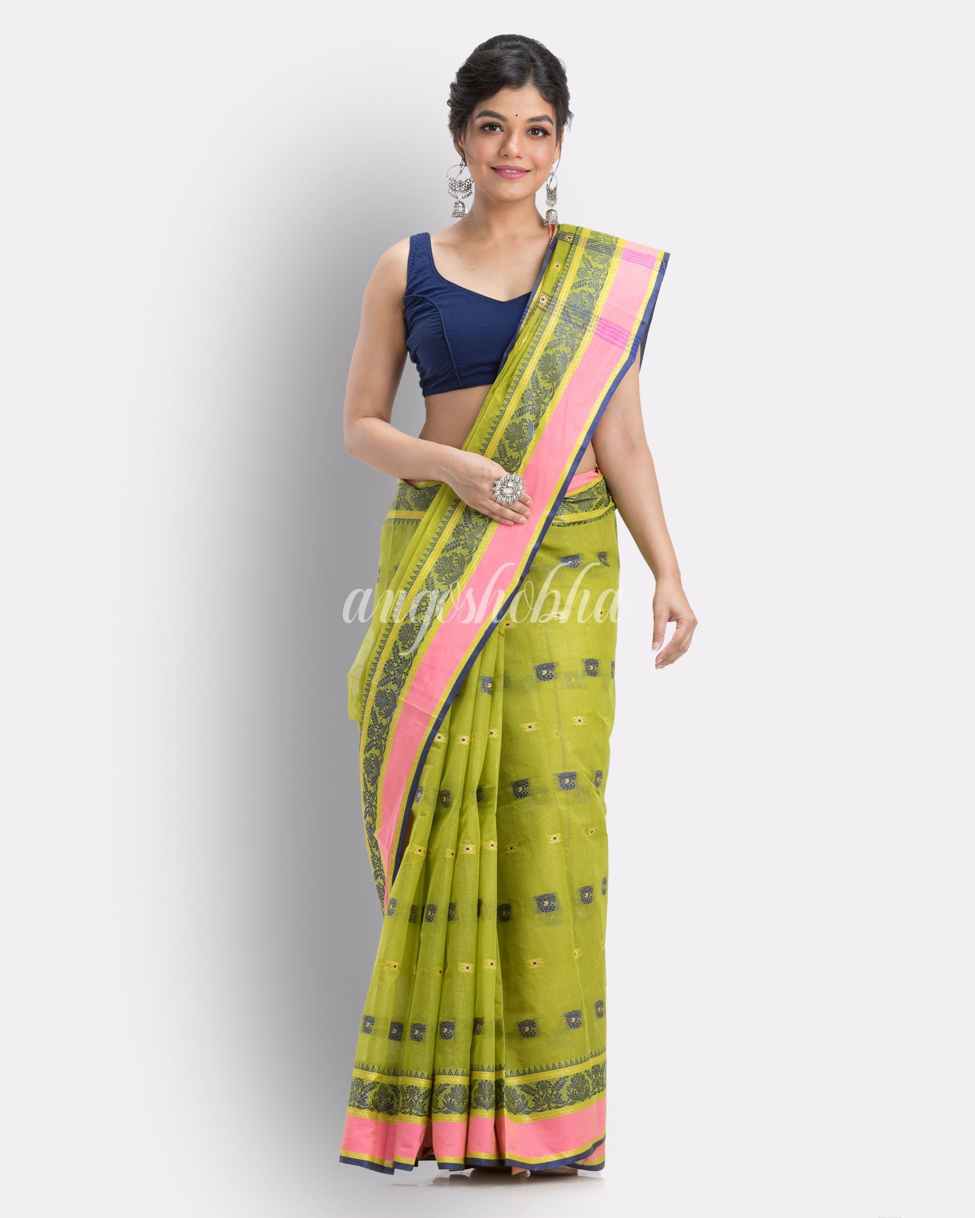 Green Woven Design Pure Cotton Handwoven Tant Saree angoshobha