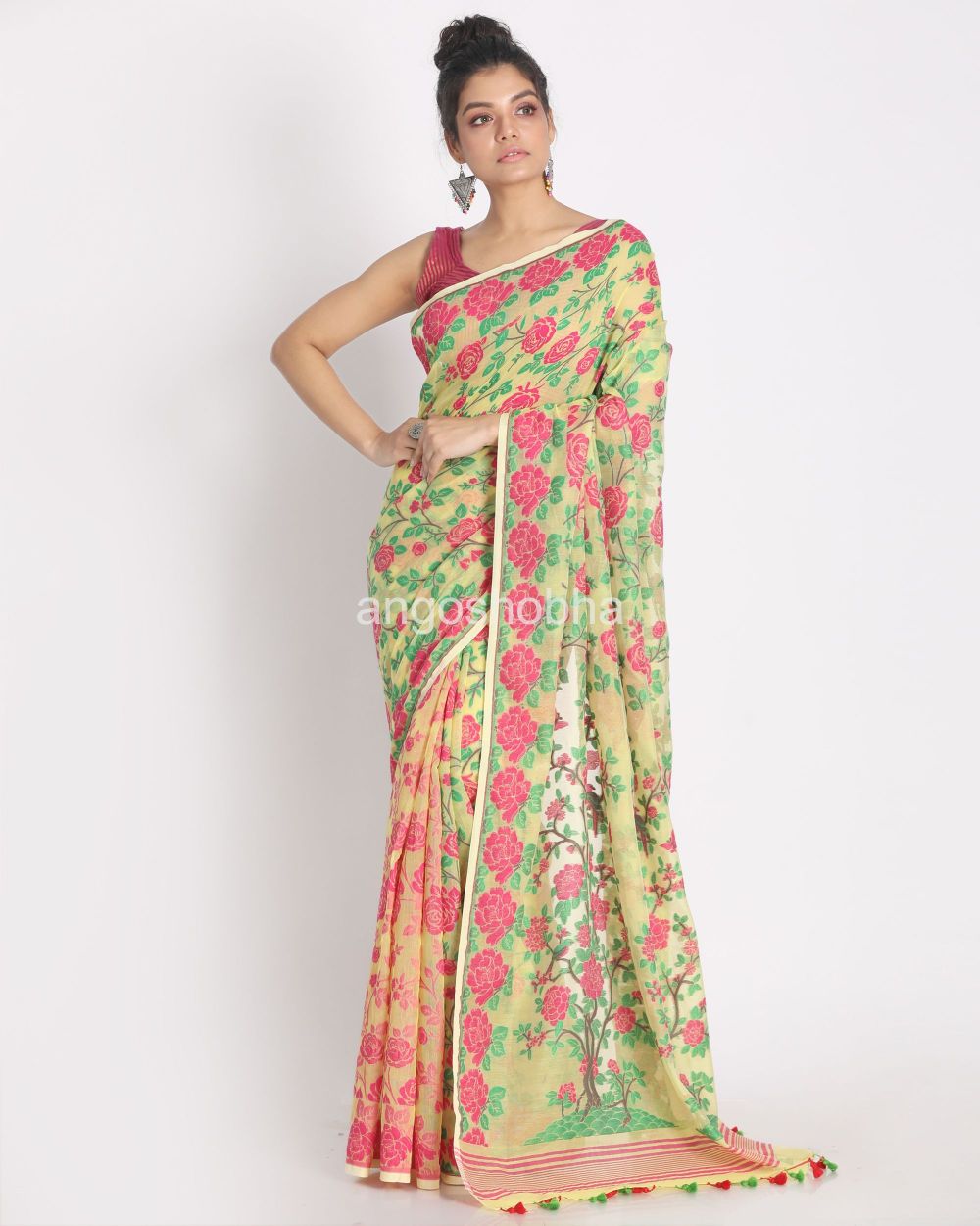 Green Yellow Cotton Silk Jamdani Saree angoshobha