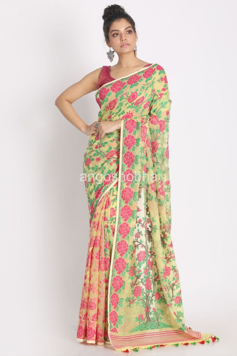 Green Yellow Cotton Silk Jamdani Saree