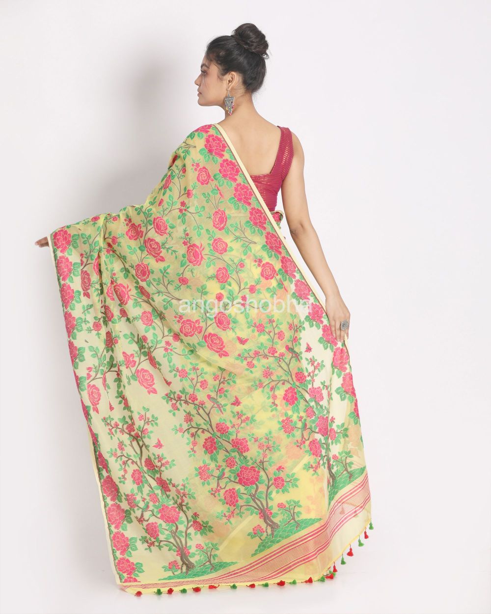 Green Yellow Cotton Silk Jamdani Saree angoshobha