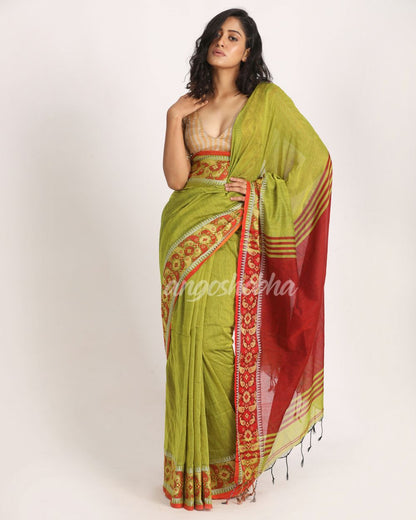Green Yellow  Handloom Cotton Tangail Saree angoshobha