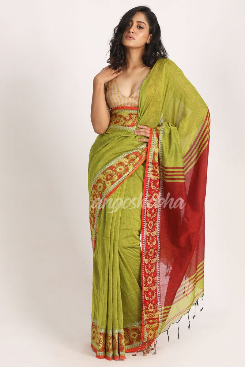 Green Yellow  Handloom Cotton Tangail Saree