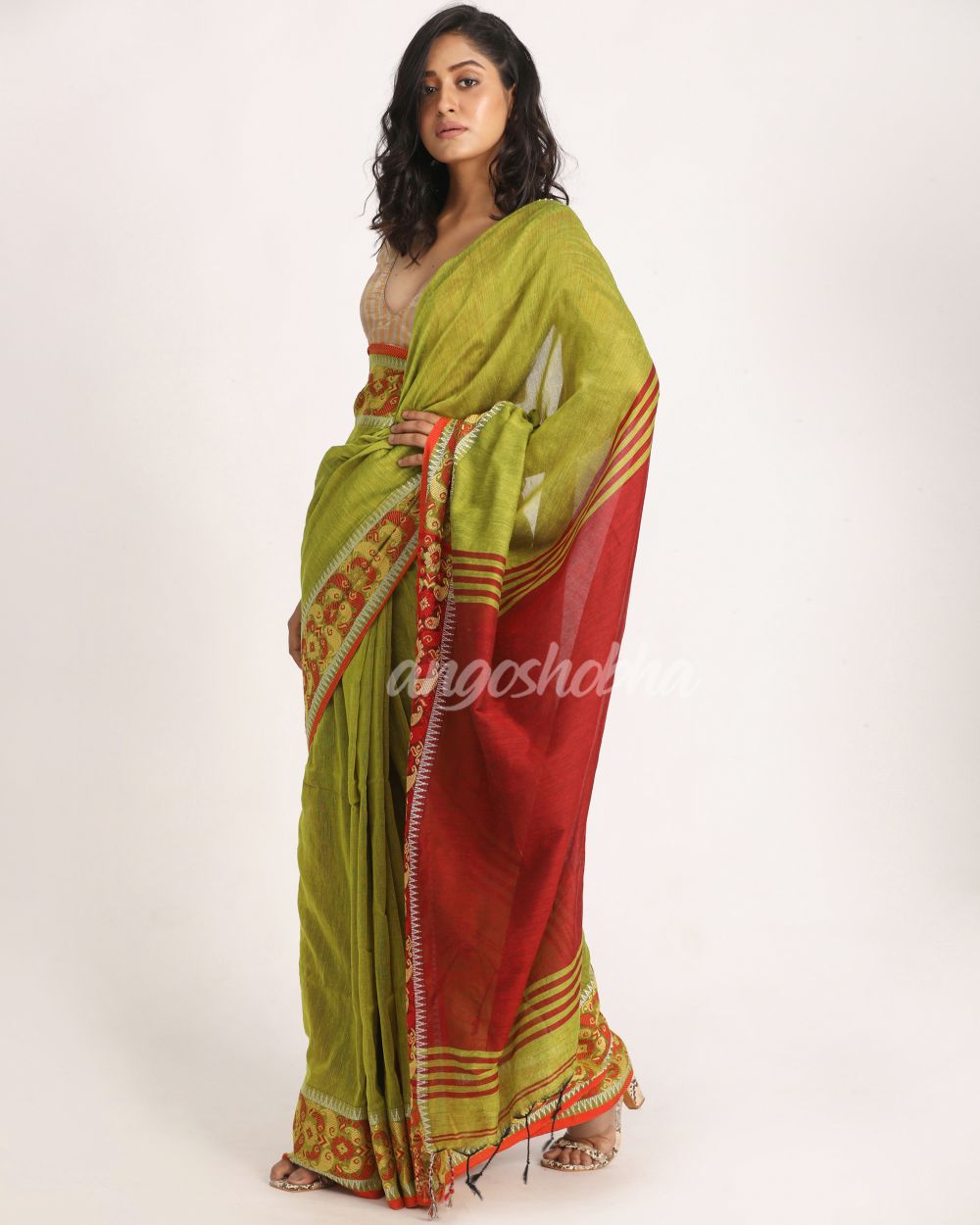Green Yellow  Handloom Cotton Tangail Saree angoshobha