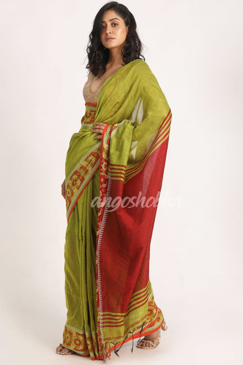 Green Yellow  Handloom Cotton Tangail Saree