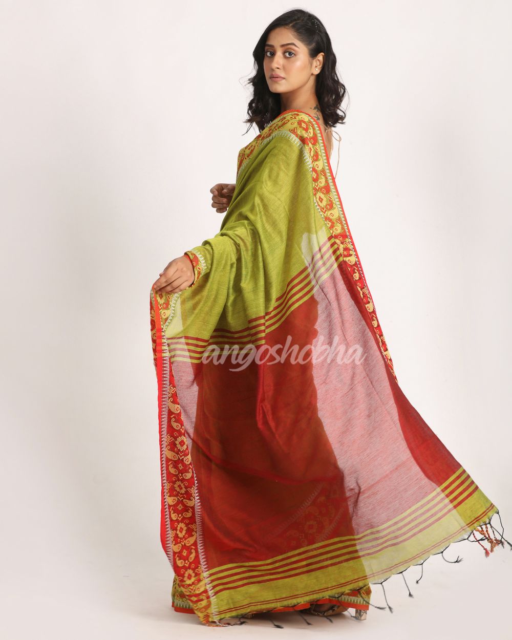 Green Yellow  Handloom Cotton Tangail Saree angoshobha