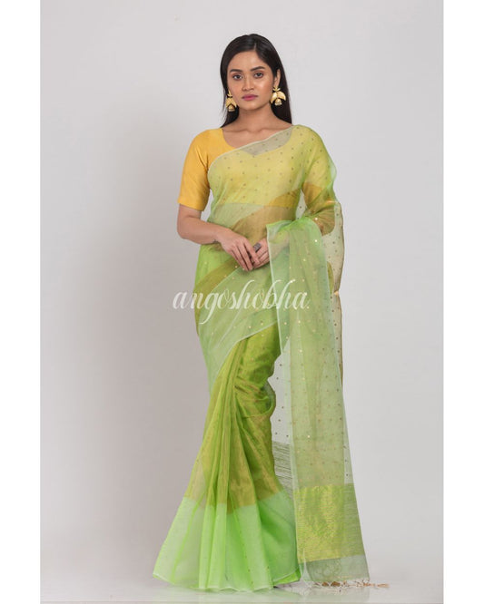 Green sequins handwoven silk saree angoshobha