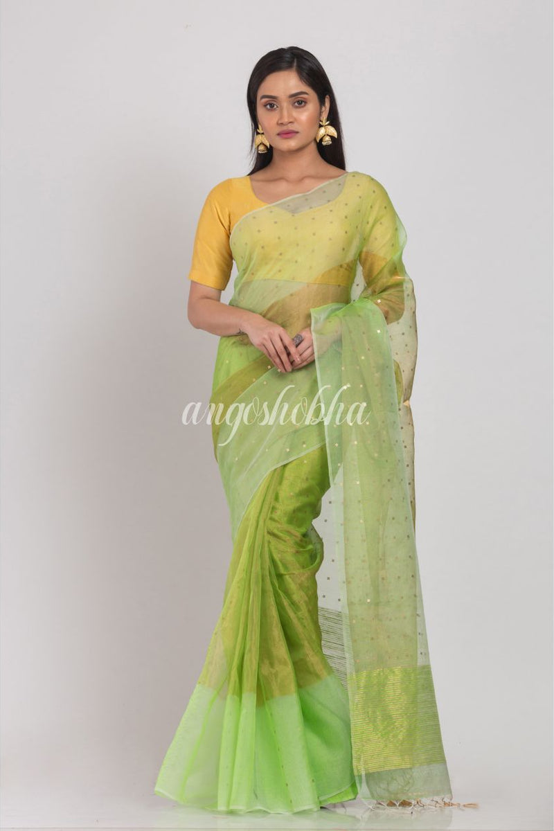 Green sequins handwoven silk muslin saree