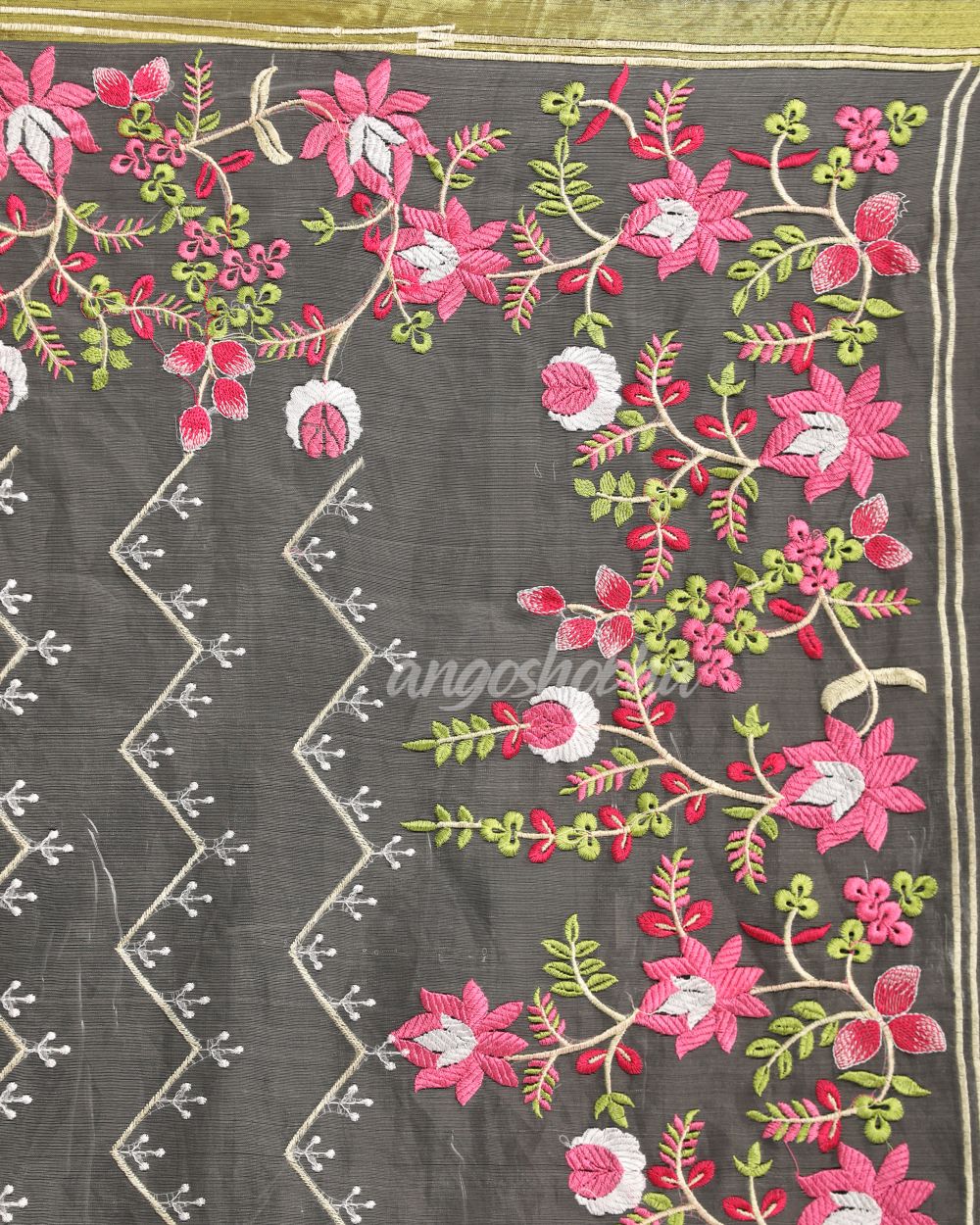 Grey Art Silk Muslin Handloom Embroidery Saree angoshobha