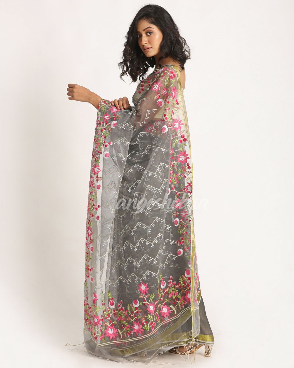 Grey Art Silk Muslin Handloom Embroidery Saree angoshobha