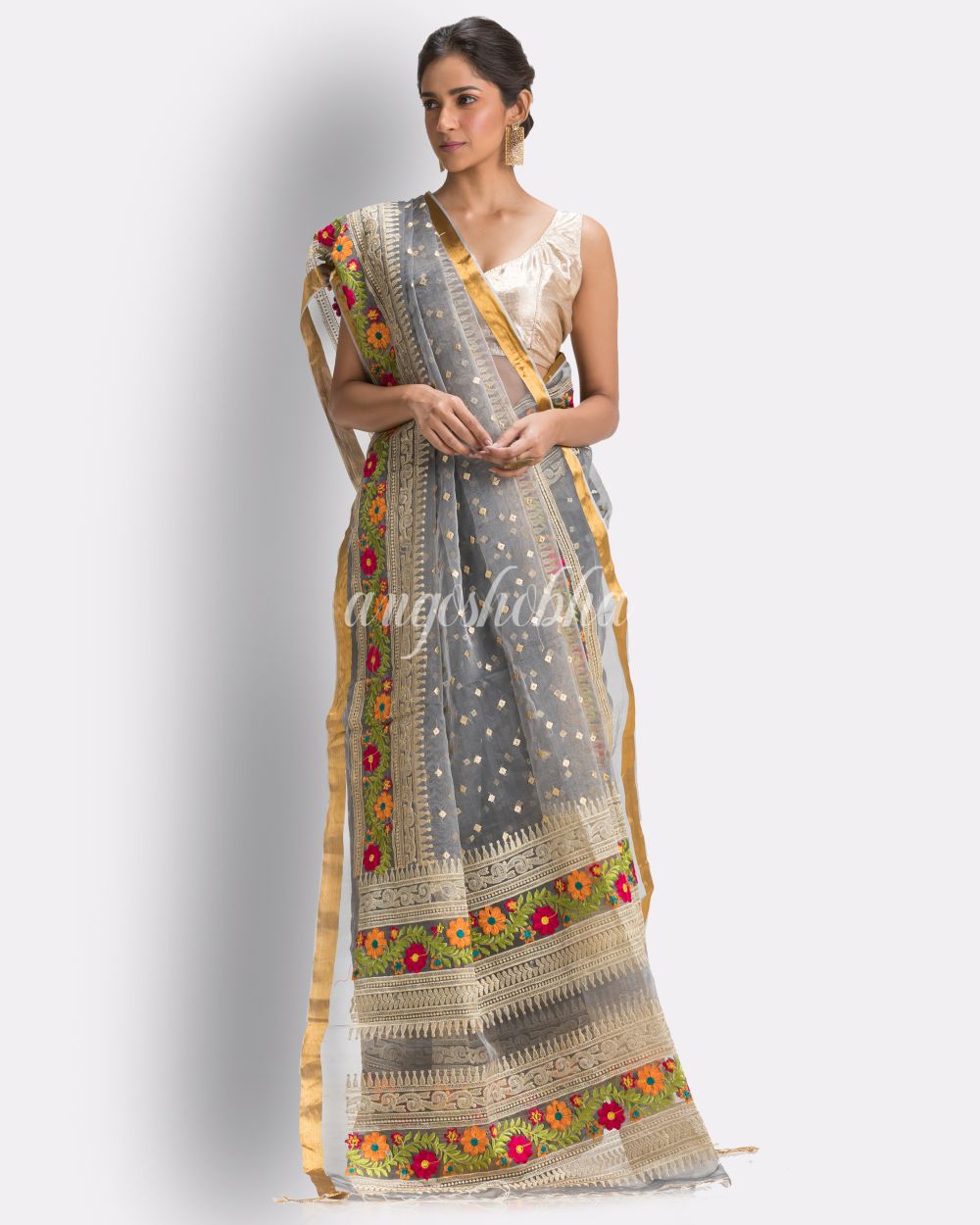 Grey Art Silk Muslin Handloom Embroidery Saree angoshobha
