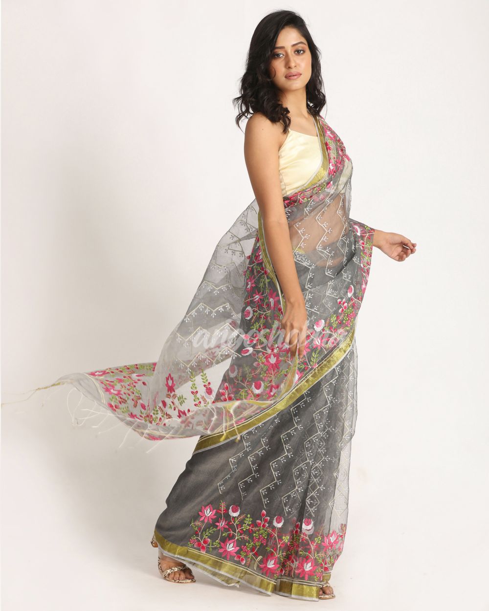 Grey Art Silk Muslin Handloom Embroidery Saree angoshobha