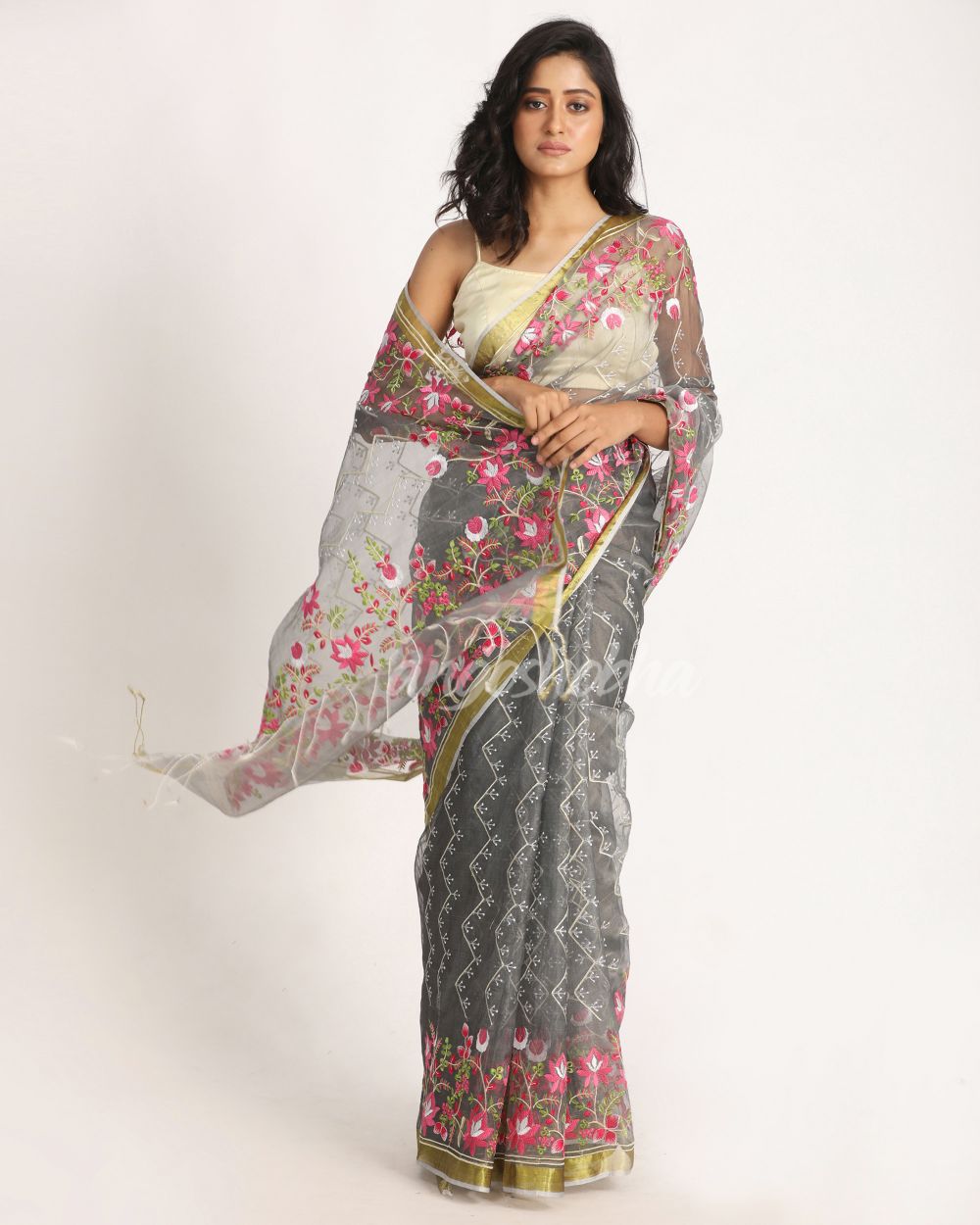 Grey Art Silk Muslin Handloom Embroidery Saree angoshobha