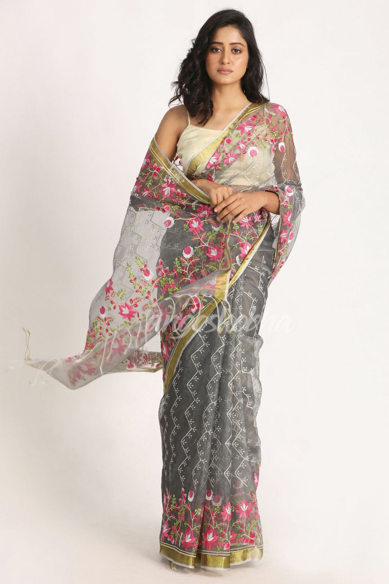 Grey Art Silk Muslin Handloom Embroidery Saree