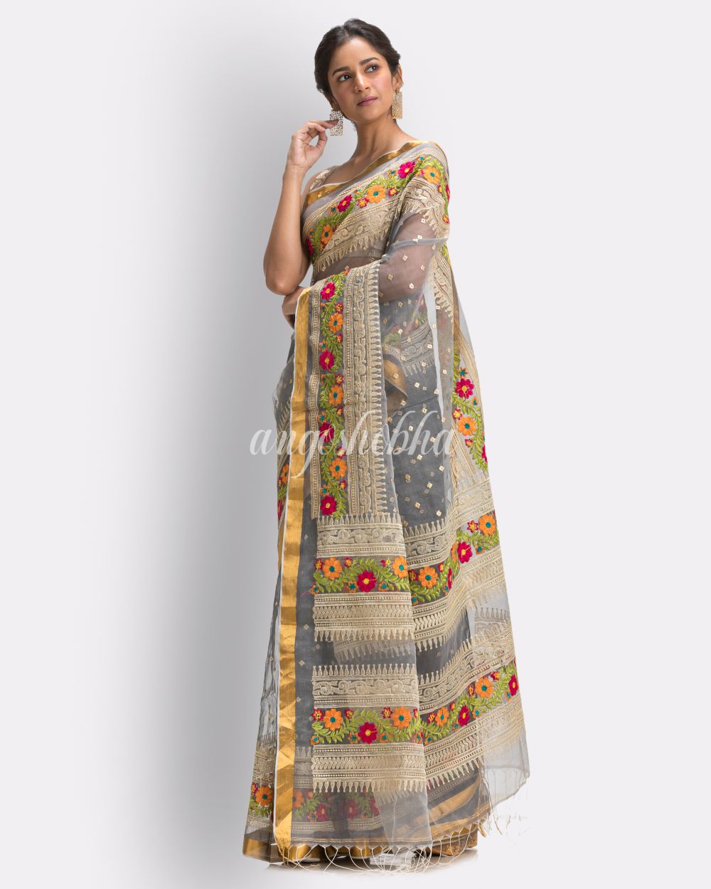 Grey Art Silk Muslin Handloom Embroidery Saree angoshobha
