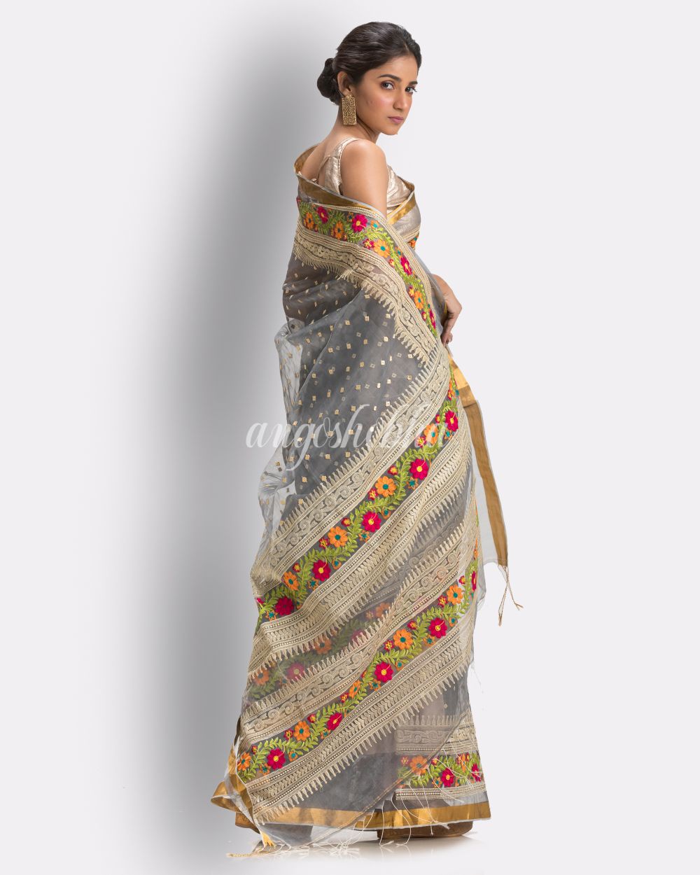 Grey Art Silk Muslin Handloom Embroidery Saree angoshobha