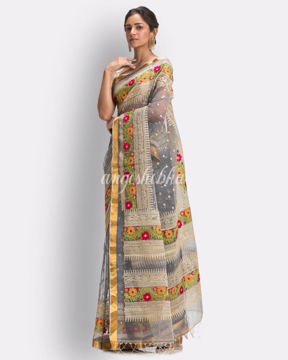 Grey Art Silk Muslin Handloom Embroidery Saree angoshobha