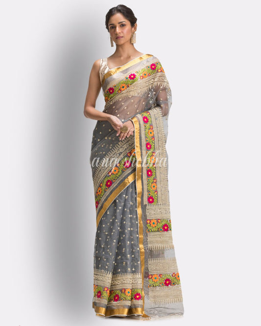 Grey Art Silk Muslin Handloom Embroidery Saree angoshobha