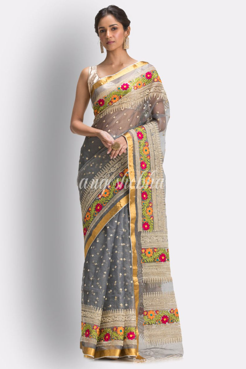 Grey Art Silk Muslin Handloom Embroidery Saree