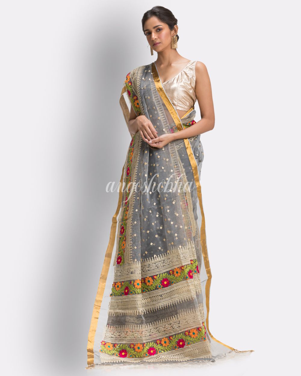 Grey Art Silk Muslin Handloom Embroidery Saree angoshobha