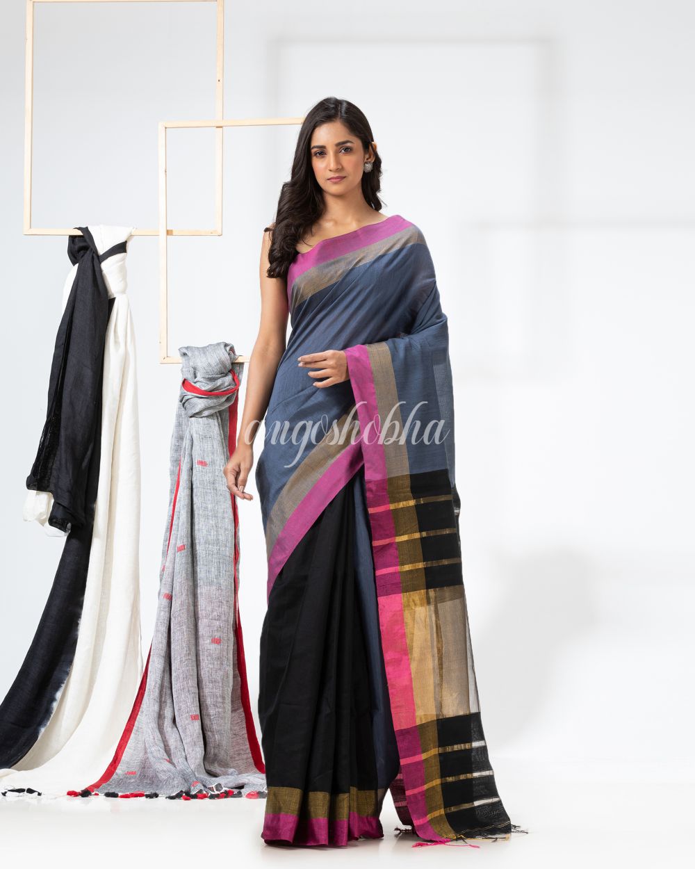 Grey Black Cotton Blend Handloom Festive Saree angoshobha