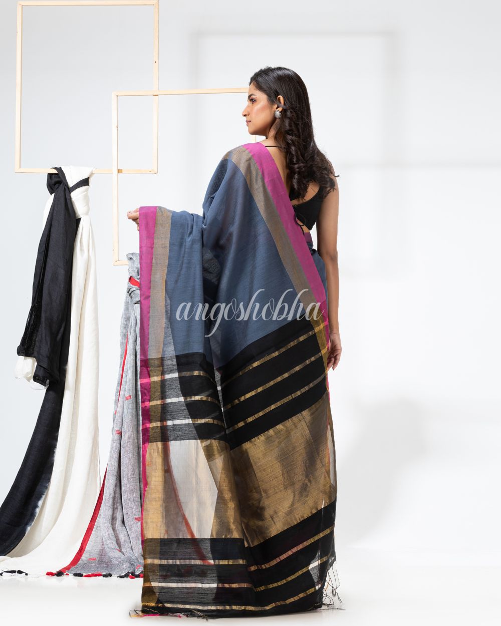 Grey Black Cotton Blend Handloom Festive Saree angoshobha