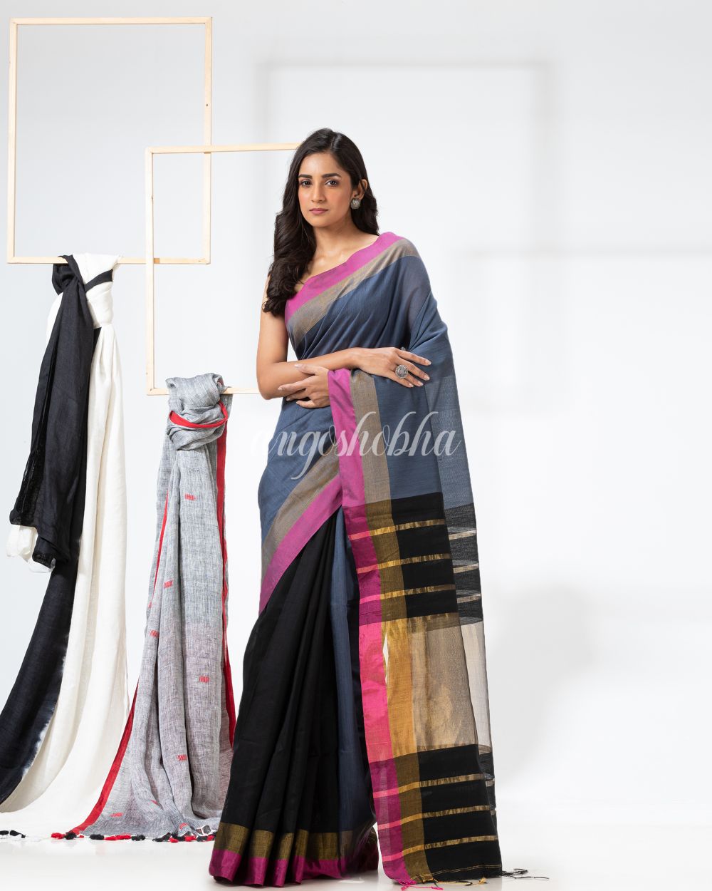 Grey Black Cotton Blend Handloom Festive Saree angoshobha
