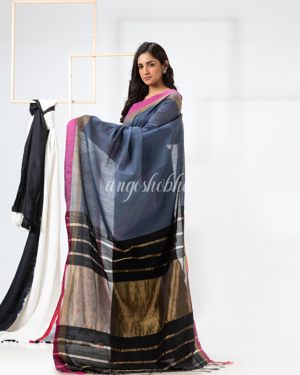 Grey Black Cotton Blend Handloom Festive Saree angoshobha