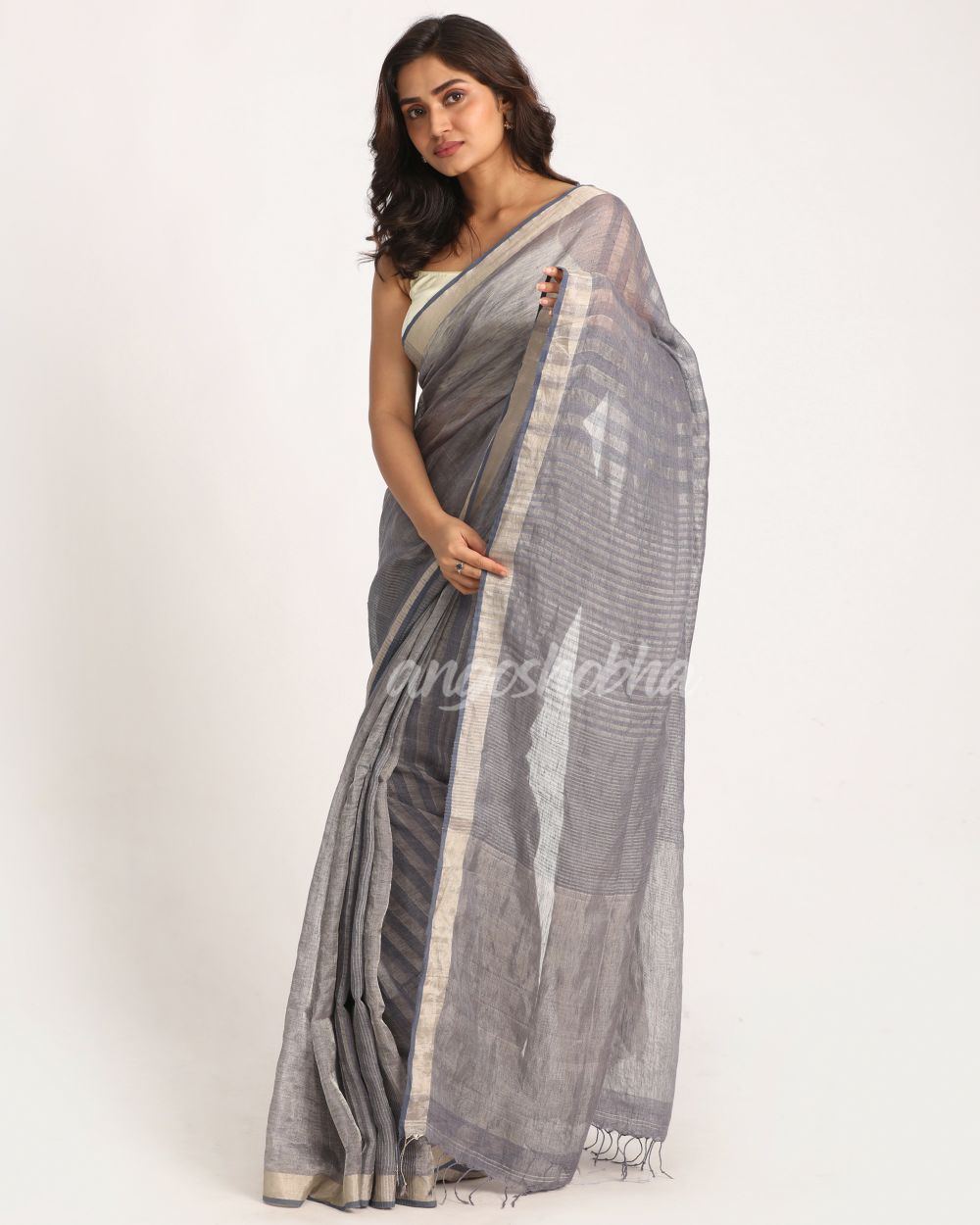 Grey Blue Check Traditional Handloom Linen Saree angoshobha