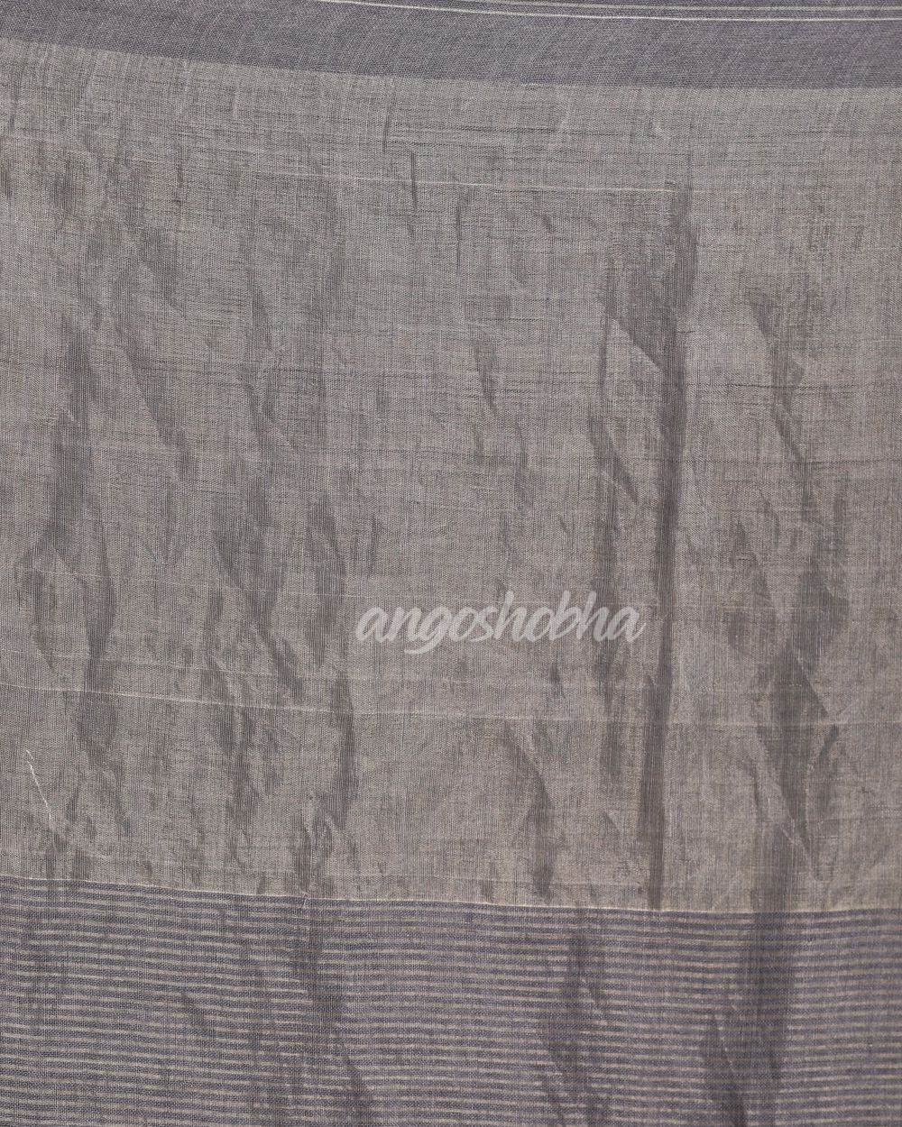 Grey Blue Check Traditional Handloom Linen Saree angoshobha