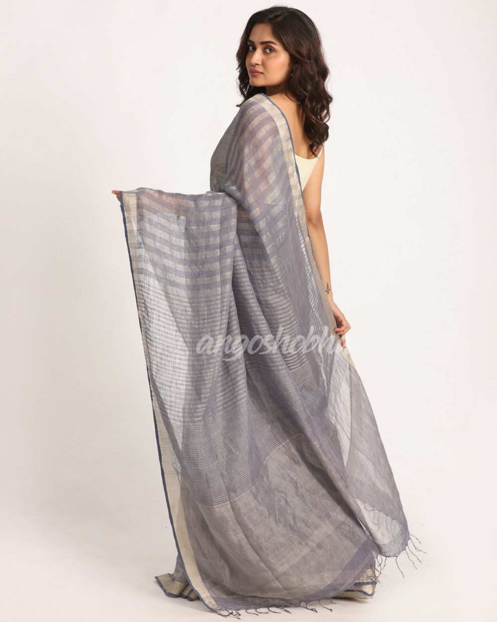 Grey Blue Check Traditional Handloom Linen Saree angoshobha
