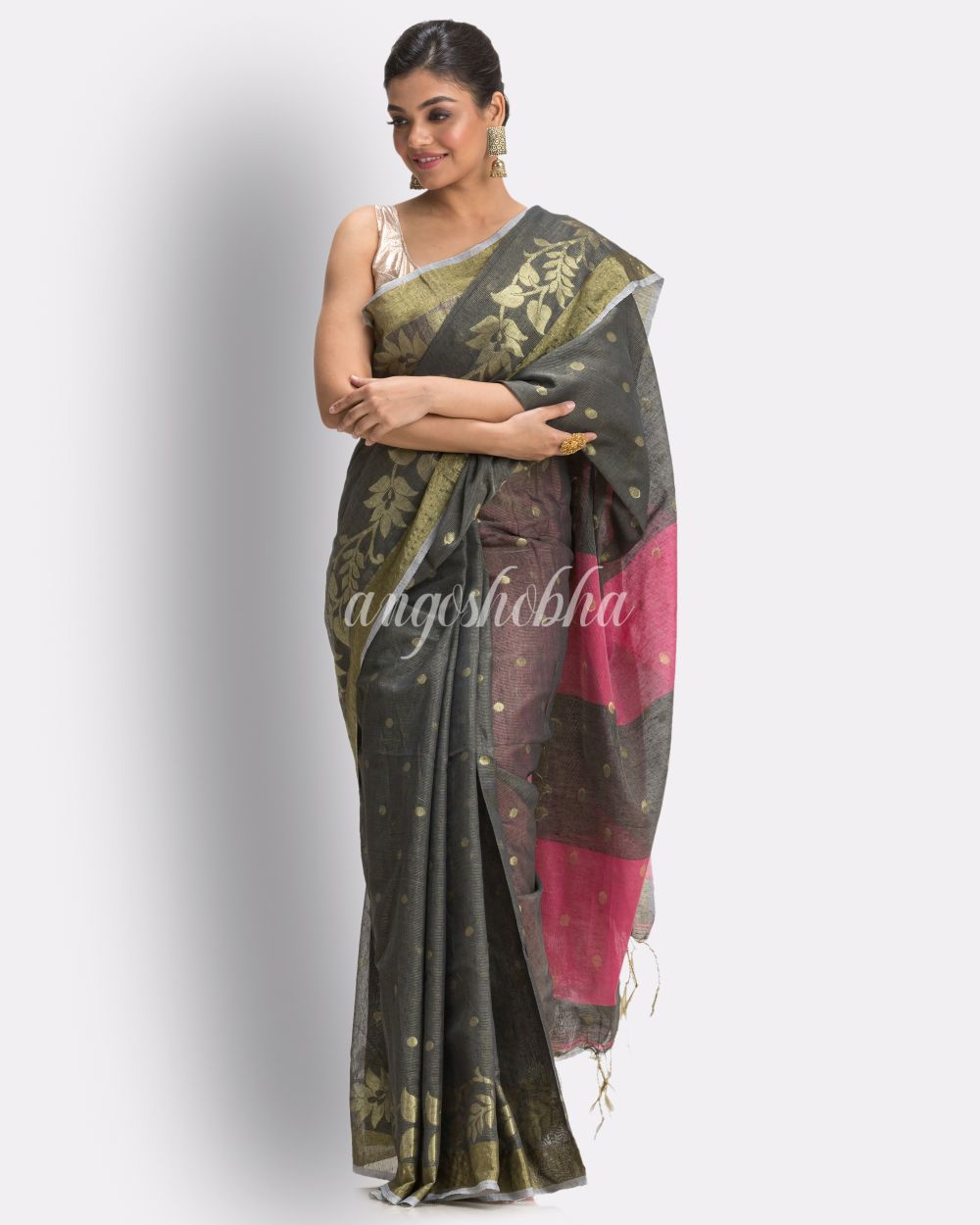 Grey Cotton Blend Handloom Tangail Saree angoshobha