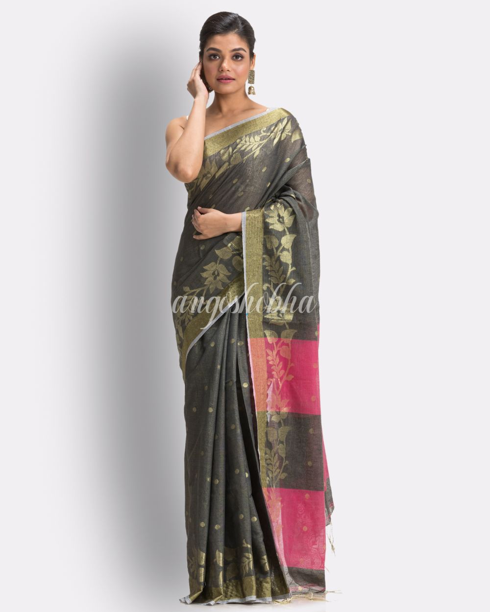 Grey Cotton Blend Handloom Tangail Saree angoshobha