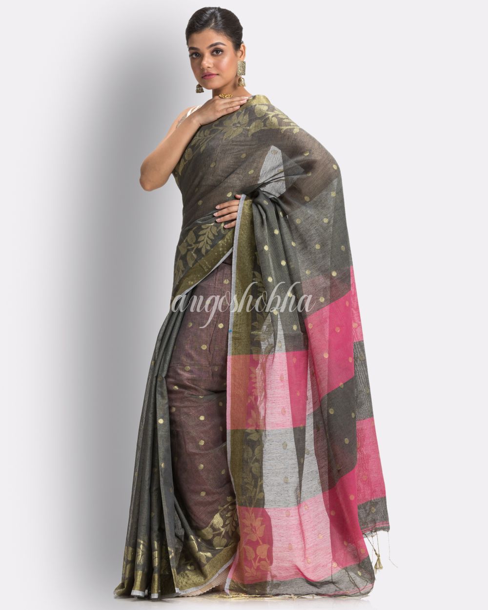 Grey Cotton Blend Handloom Tangail Saree angoshobha