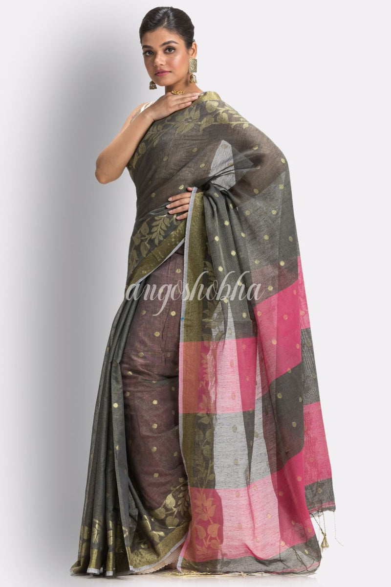 Grey Cotton Blend Handloom Tangail Saree