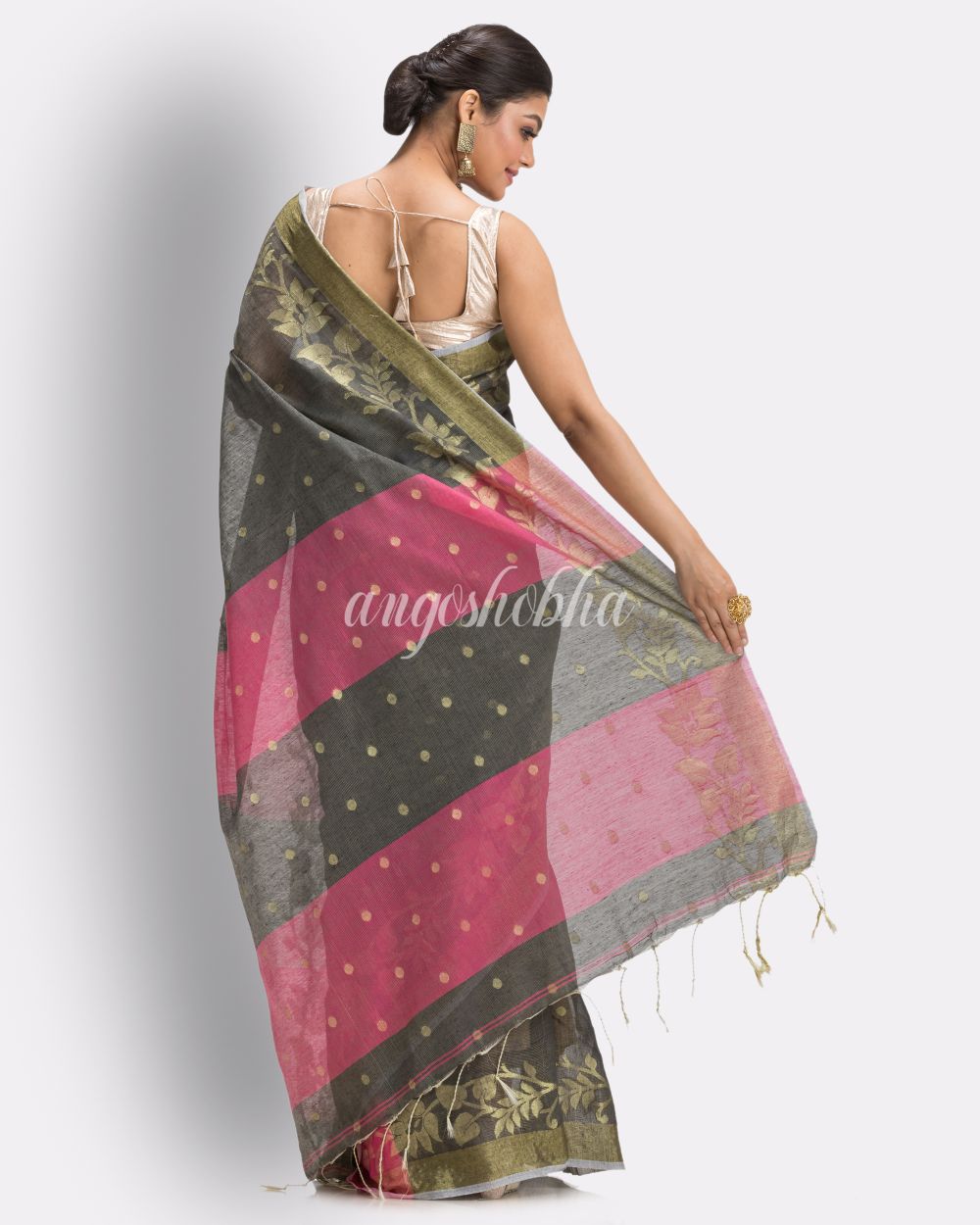Grey Cotton Blend Handloom Tangail Saree back side angoshobha