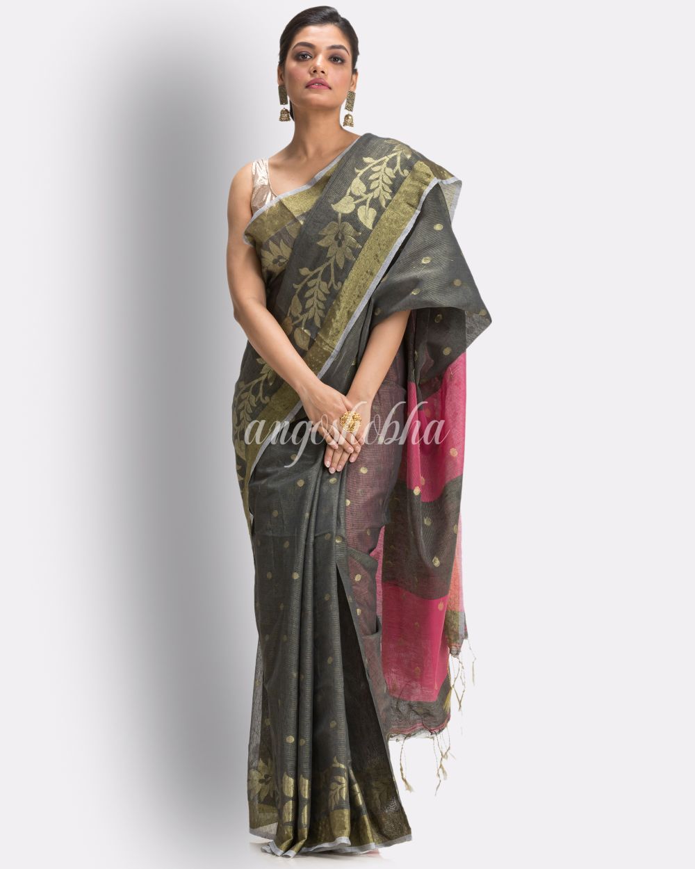 Grey Cotton Blend Handloom Tangail Saree angoshobha