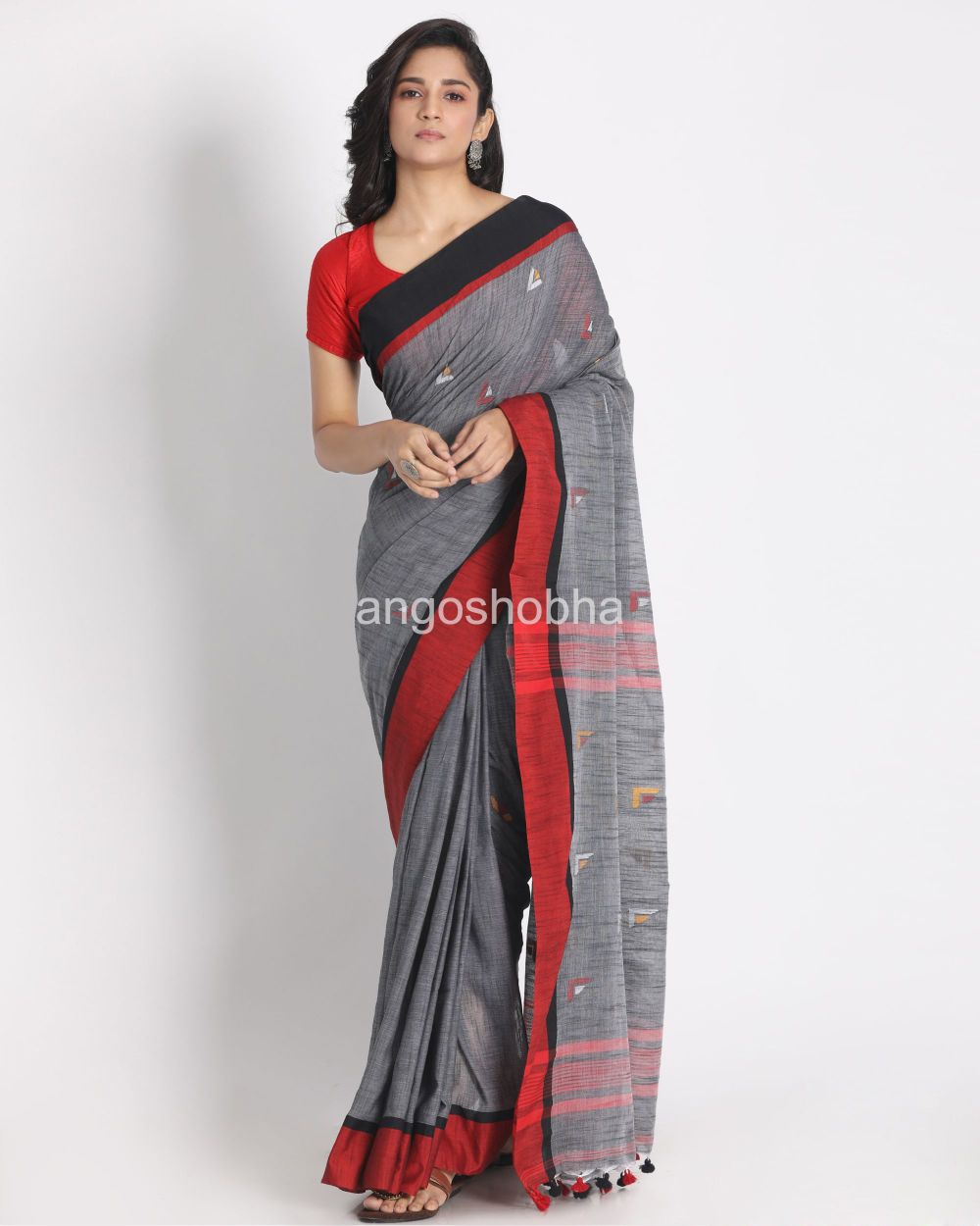 Grey Cotton Handloom Tangail Saree angoshobha