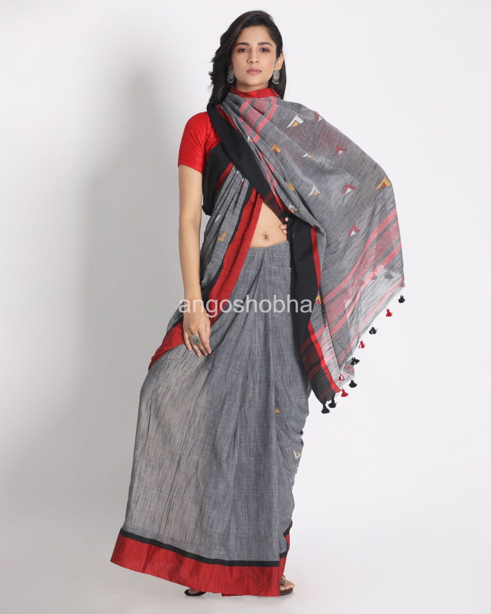 Grey Cotton Handloom Tangail Saree angoshobha