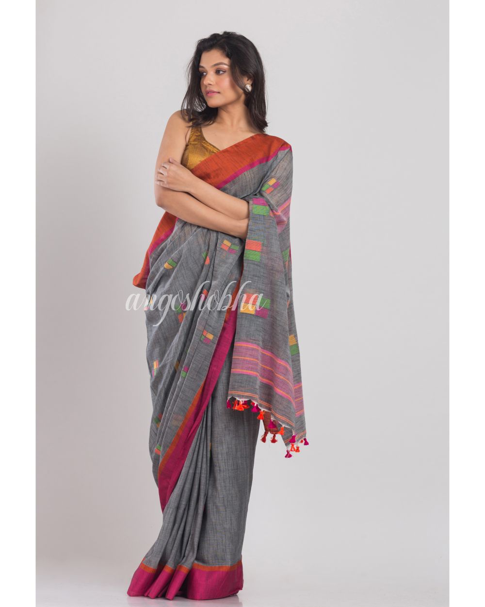 Grey Cotton Jamdani Saree angoshobha